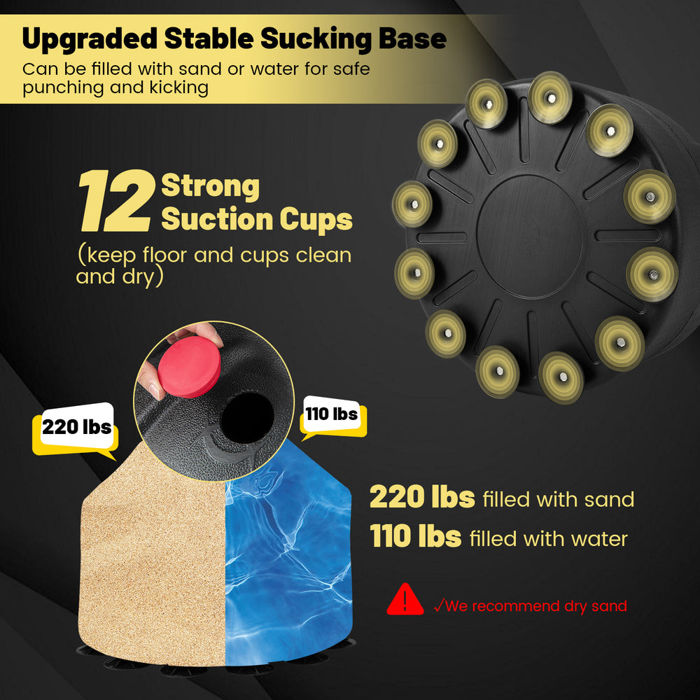 Freestanding punching bag with upgraded suction cup base, filled with sand or water for stability and safe use.