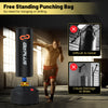 Freestanding punching bag with suction cup base, designed for kickboxing, filled with sand or water for stability.