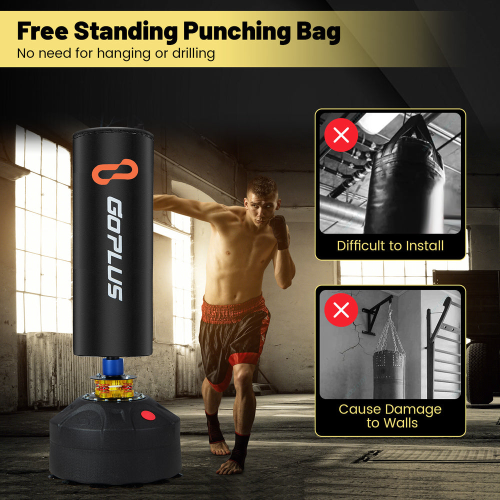 Freestanding punching bag with suction cup base, designed for kickboxing, filled with sand or water for stability.