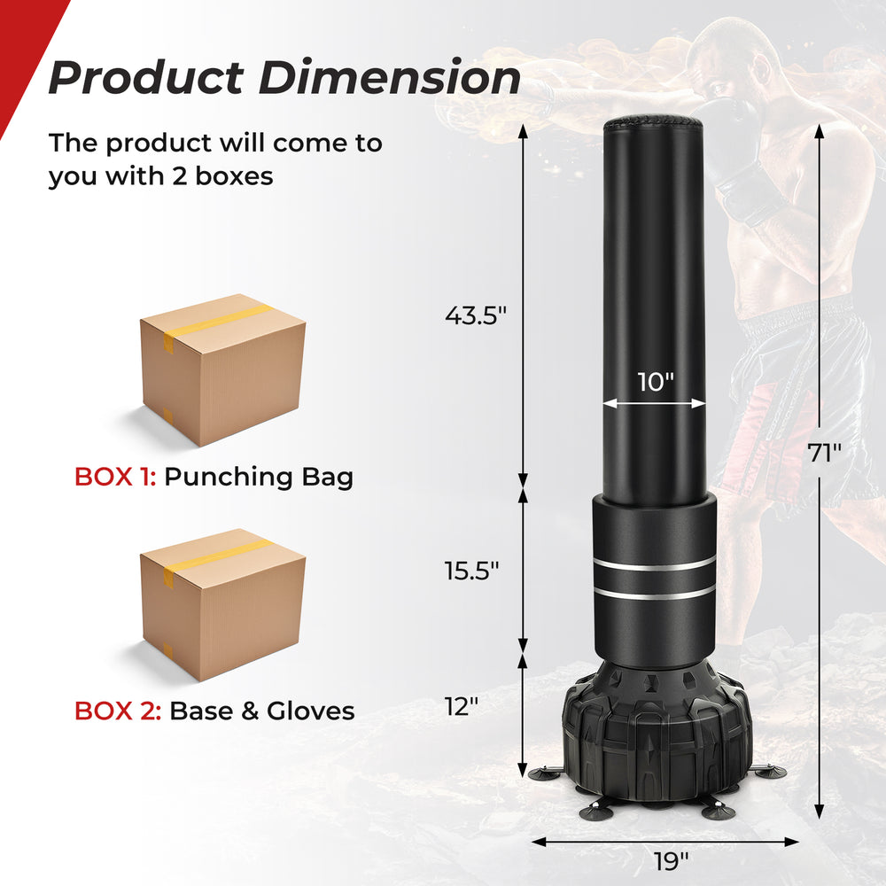 Freestanding 71-inch punching bag with a solid base, 25 suction cups, and included gloves for boxing training.