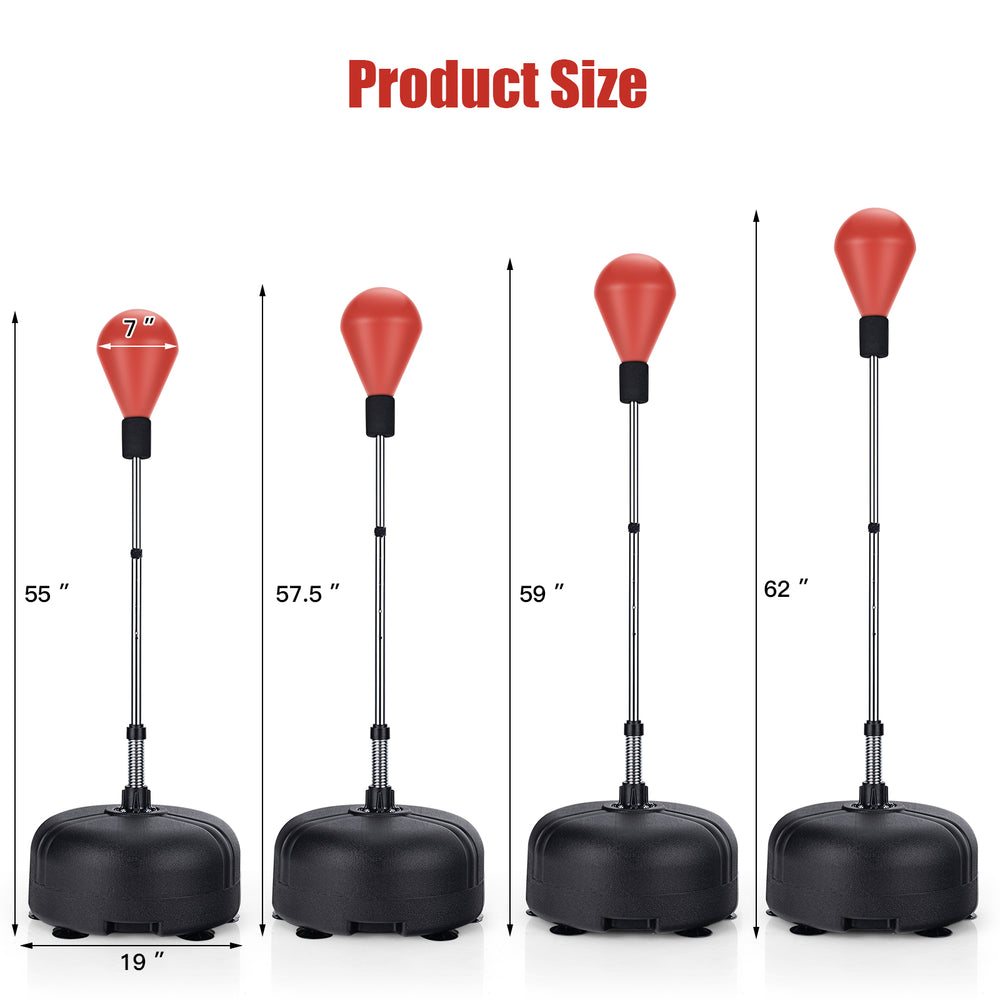Adjustable freestanding punching bag showing height settings from 55 to 62 inches, ideal for fitness and training.