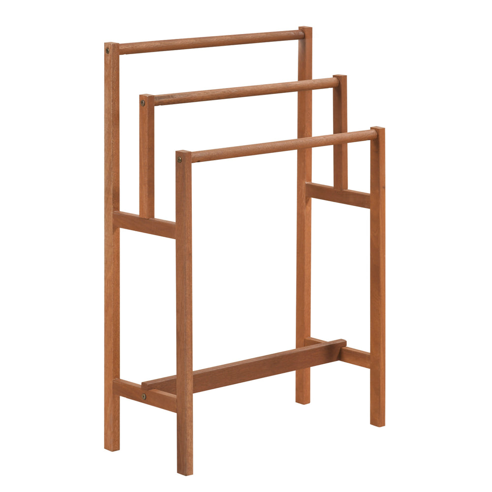 Freestanding 3-tier towel rack in solid wood with teak oil finish, perfect for bathroom or laundry room organization.