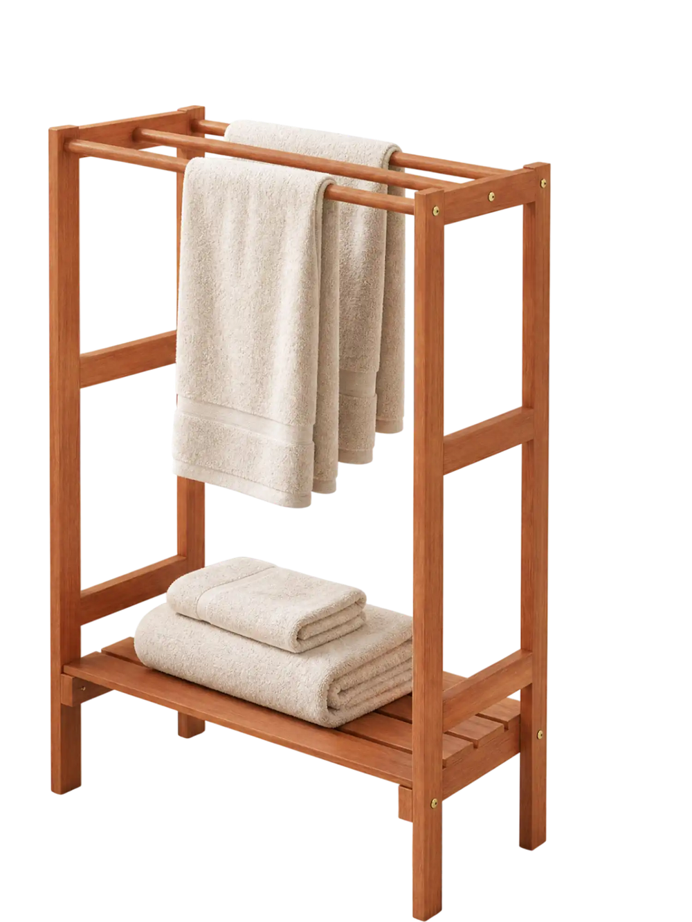 Freestanding towel rack in solid wood with three hanging bars and a bottom shelf for additional storage in the bathroom.