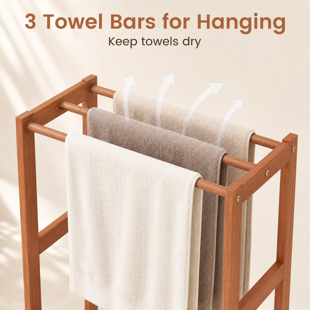 Freestanding towel rack with three hanging bars in solid wood, perfect for keeping towels dry in any room.