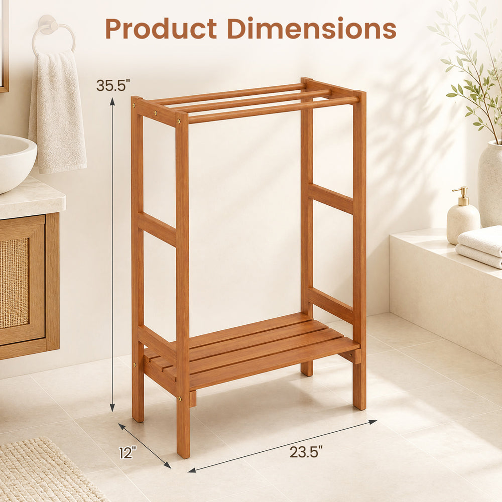 Freestanding towel rack with three hanging bars and a bottom shelf, made of solid wood for durability and easy cleaning.