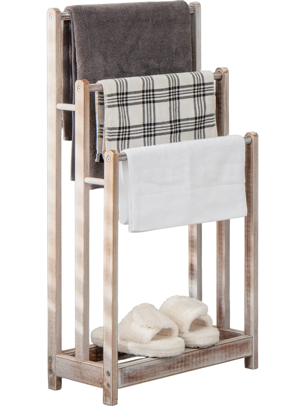 Freestanding towel rack with three bars and bottom storage shelf, made of solid fir wood, ideal for drying towels.