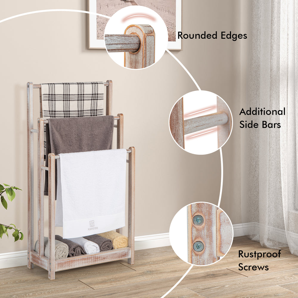 Freestanding towel rack with three bars, bottom storage shelf, and elegant white finish for effective drying and.