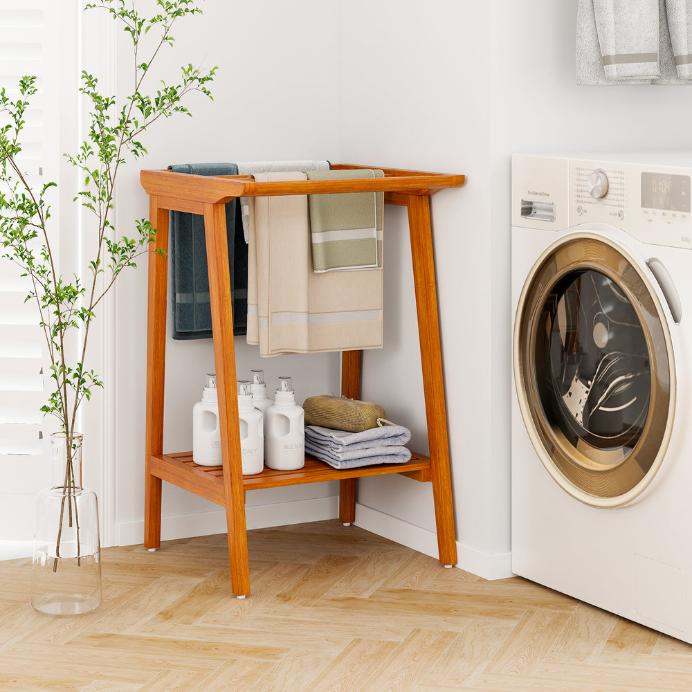 Freestanding towel rack in premium Indonesian teak with storage shelf, ideal for towels and blankets in bathrooms.
