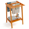 Freestanding towel rack made of Indonesian teak with storage shelf, ideal for towels and blankets in bathrooms or pools.
