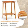 Freestanding towel rack made of solid teak wood with smooth rounded edges and open shelf for bathroom storage.