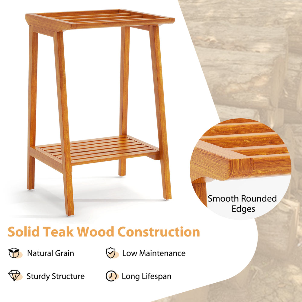 Freestanding towel rack made of solid teak wood with smooth rounded edges and open shelf for bathroom storage.