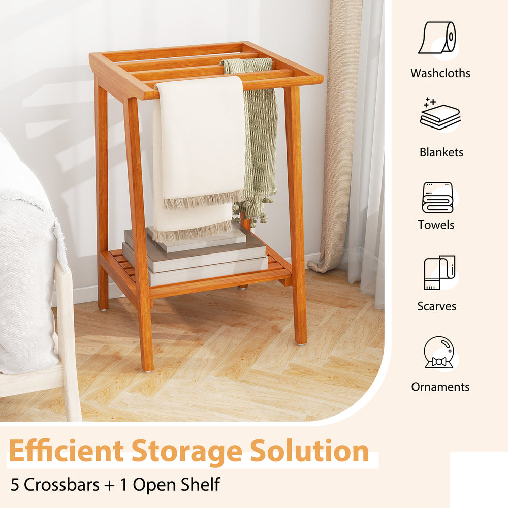 Freestanding towel rack in teak with 5 crossbars and open shelf, perfect for storing towels and blankets in the.