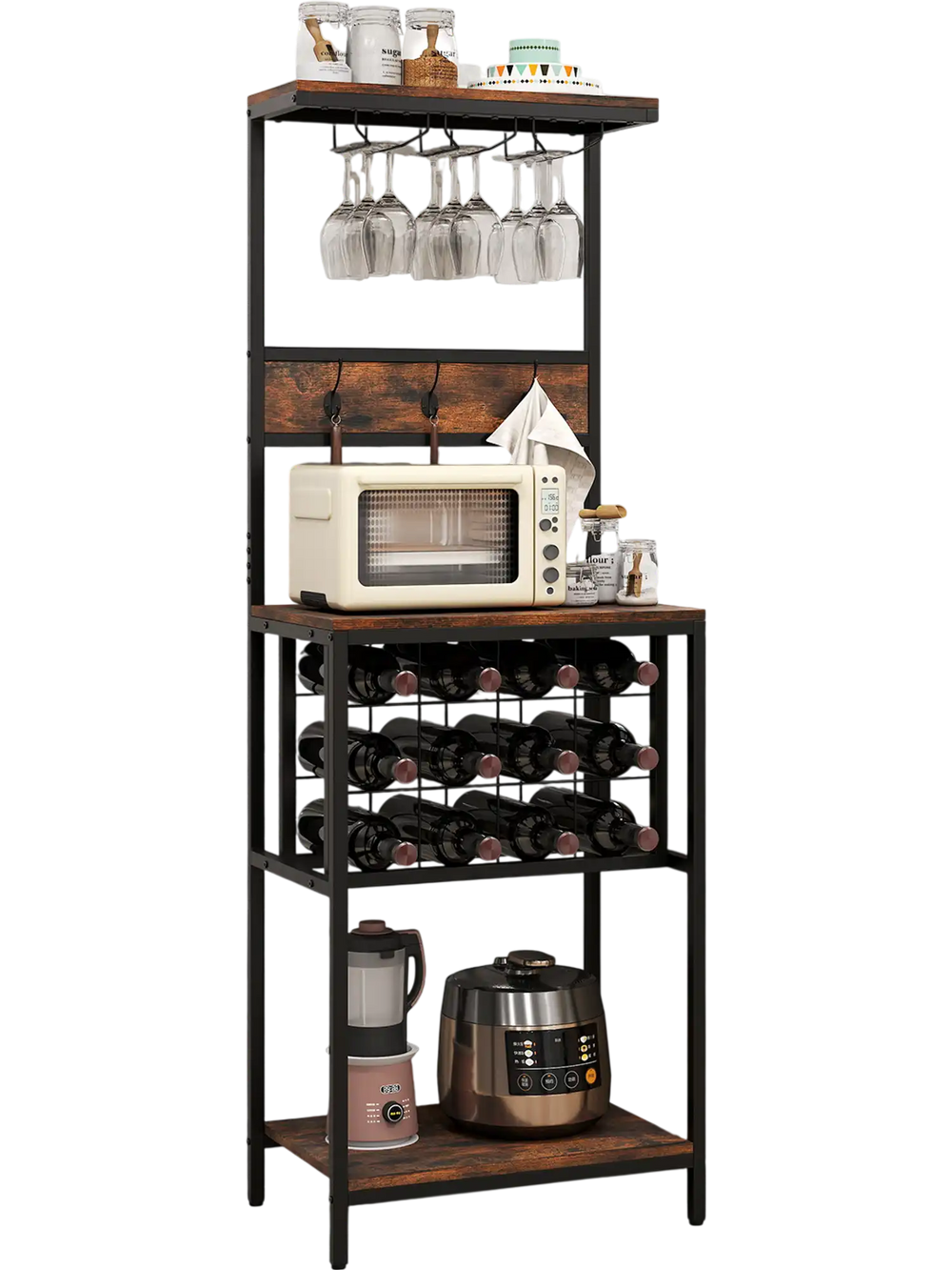 Freestanding wine rack in rustic brown with 12-grid storage, top shelf, and hooks for kitchenware, ideal for home bar.