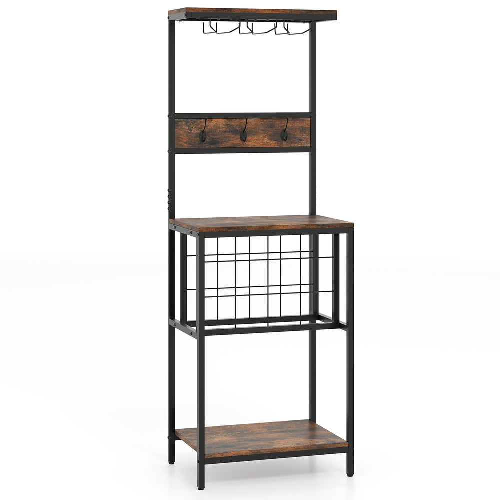Freestanding wine rack in rustic brown with 12-grid storage, top shelf, and hooks for cups, ideal for kitchen or home.