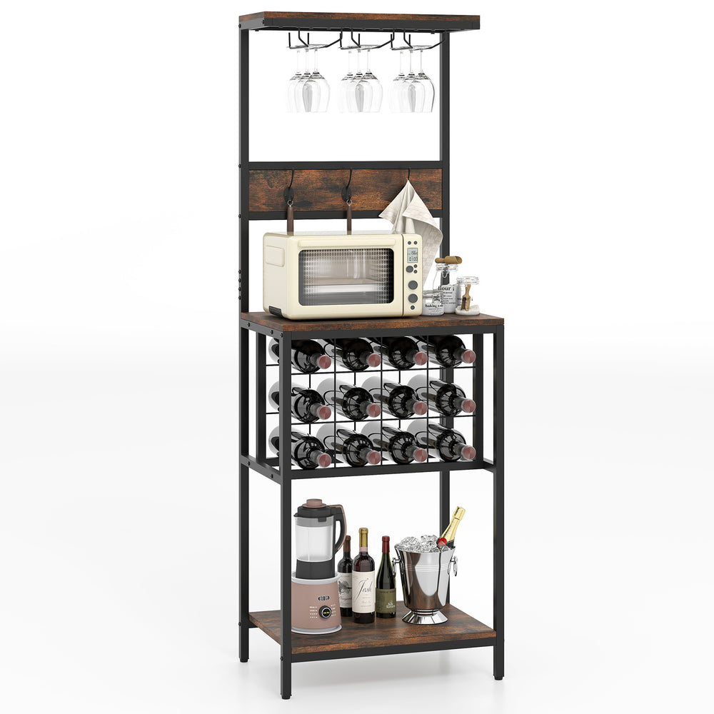 Freestanding wine rack cabinet in rustic brown with 12-grid wine storage, glass racks, and ample display space for.