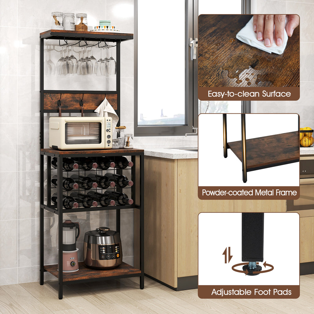 Freestanding wine rack in rustic brown with 12-grid wine storage, top shelf, and adjustable foot pads for kitchen use.