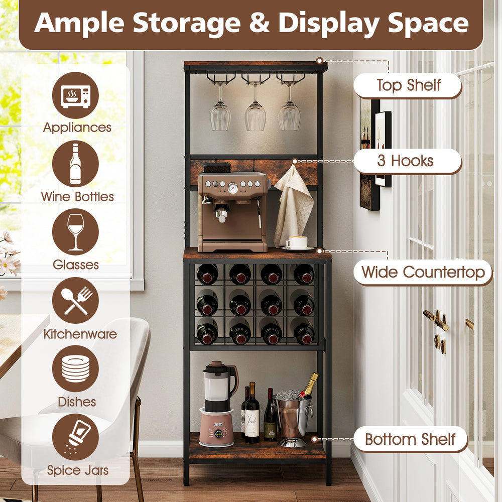 Freestanding wine rack in rustic brown with 12-grid storage, top shelf, and 3 hooks for kitchenware display.