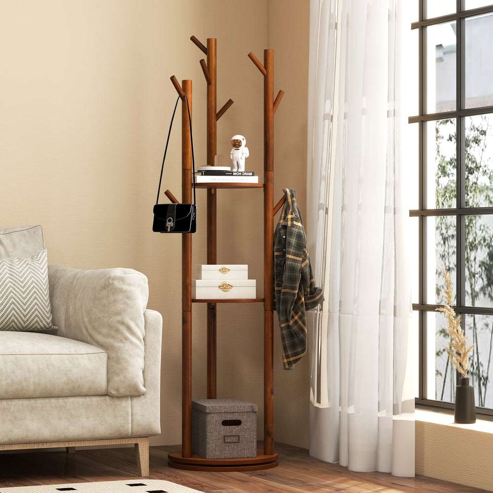 Freestanding wooden coat tree with 3 shelves and 9 hooks, ideal for storing coats and bags in living rooms or hallways.