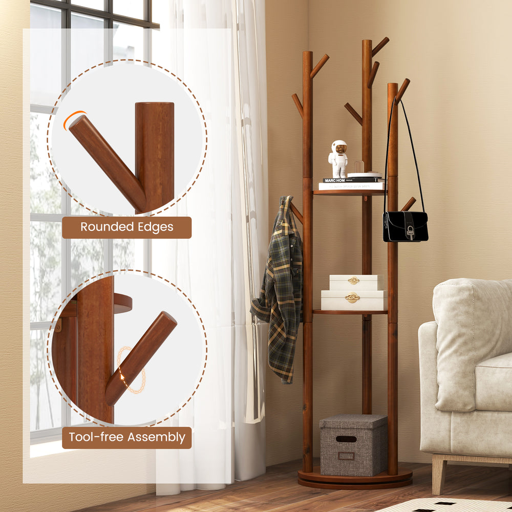 Freestanding wooden coat tree with 3 shelves and 9 hooks, featuring rounded edges for stability in any room.