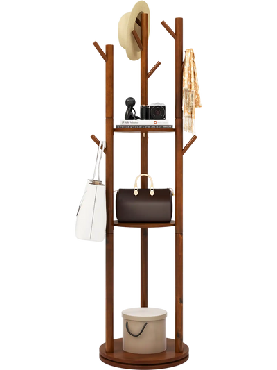 Costway Freestanding Wooden Coat Tree Hall Tree w/ 3 Shelves & 9 Hooks 48367915 New
