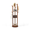 Freestanding wooden coat tree with 3 shelves and 9 hooks, ideal for storing hats, coats, and bags in any room.