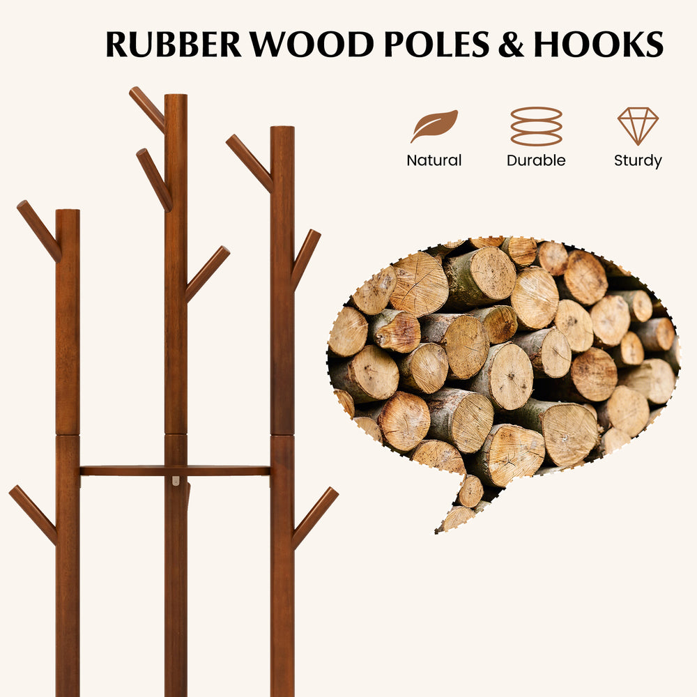 Freestanding wooden coat tree with 3 shelves and 9 hooks, made of durable rubber wood, ideal for storage in any room.