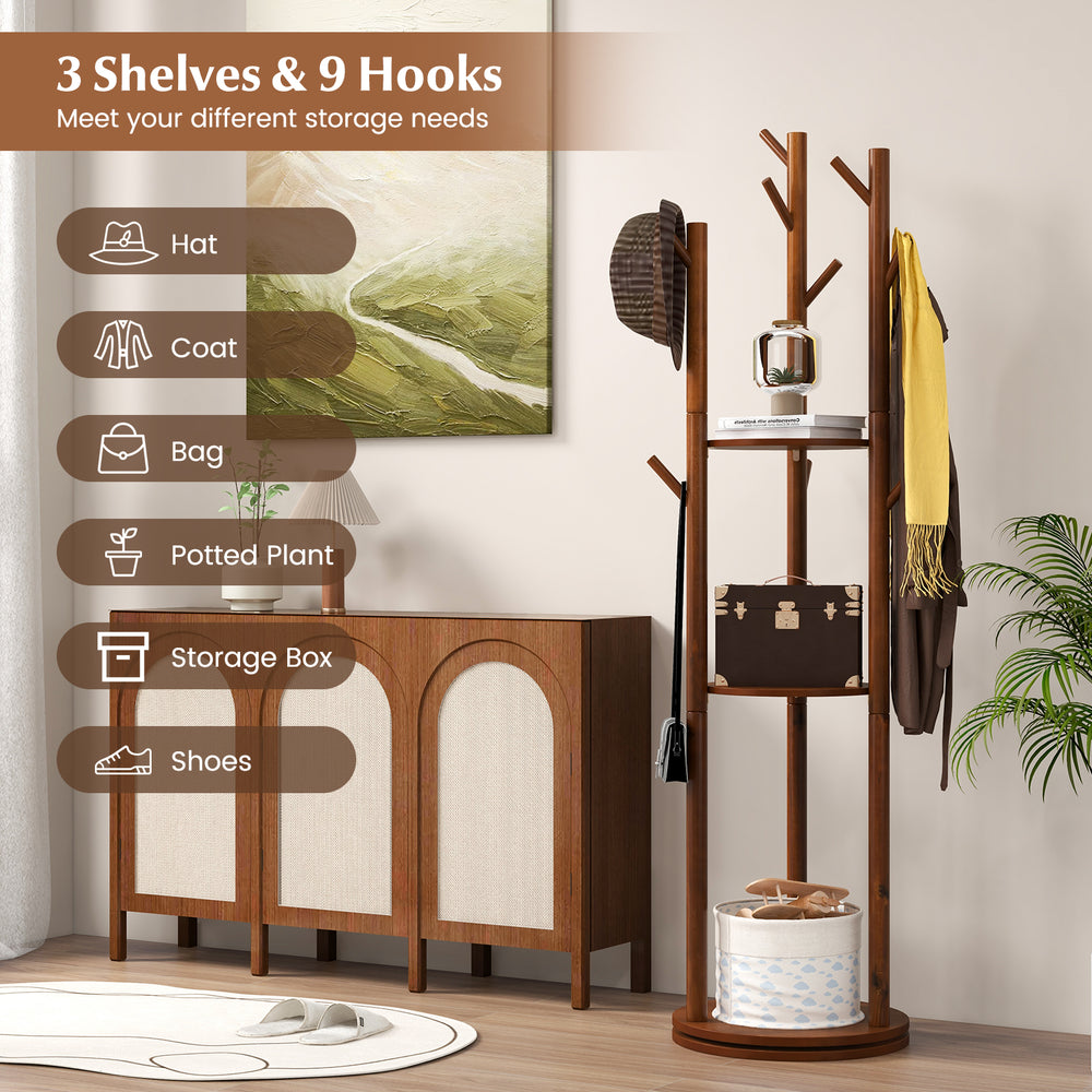 Freestanding wooden coat tree showcasing 3 shelves and 9 hooks, designed for easy access and stylish storage in any.