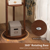 Freestanding wooden coat tree with 360° rotating base, 3 shelves, and 9 hooks for versatile storage in any room.