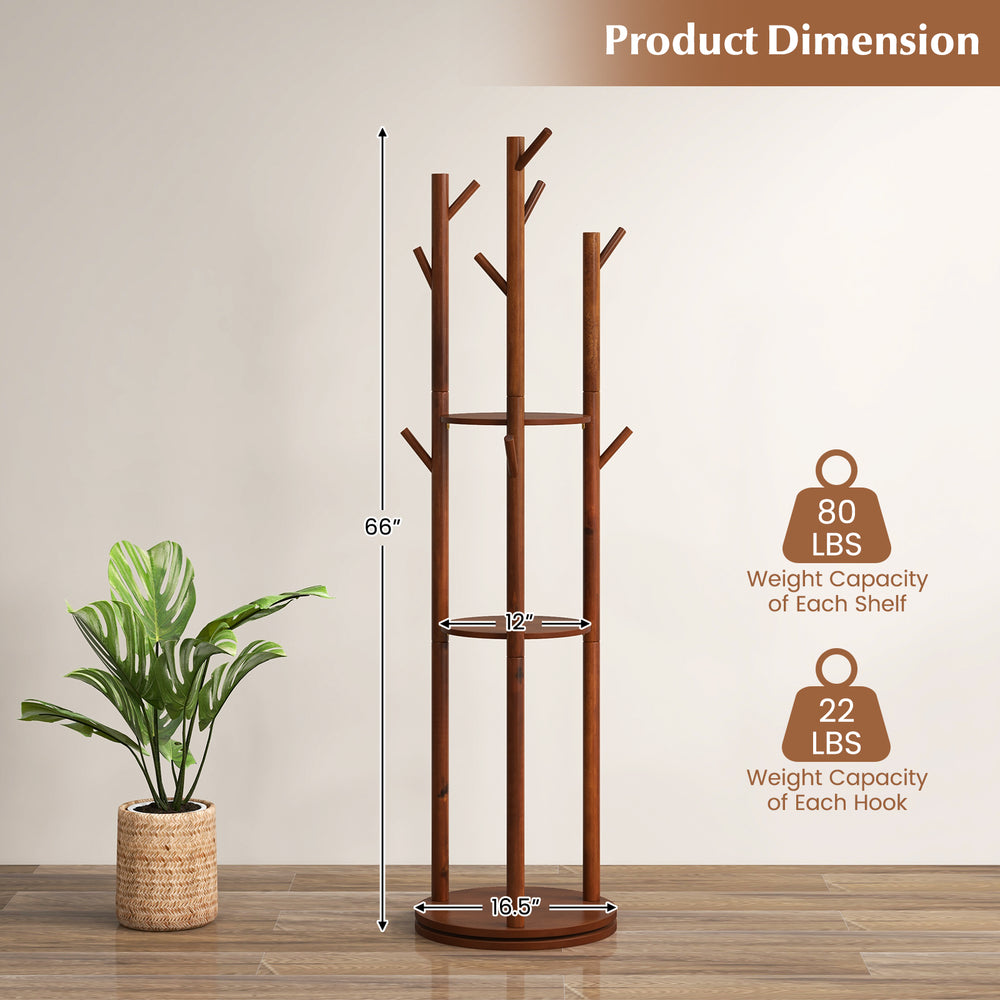 Freestanding wooden coat tree with 3 shelves and 9 hooks, 66 inches tall, perfect for storage in any room.