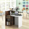 L-shaped front reception office desk in rustic brown with open shelf, lockable drawer, and adjustable storage for.