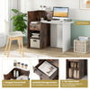 Front view of the Front Reception Office Desk in Rustic Brown, featuring an oval tabletop, lockable drawer, and open.