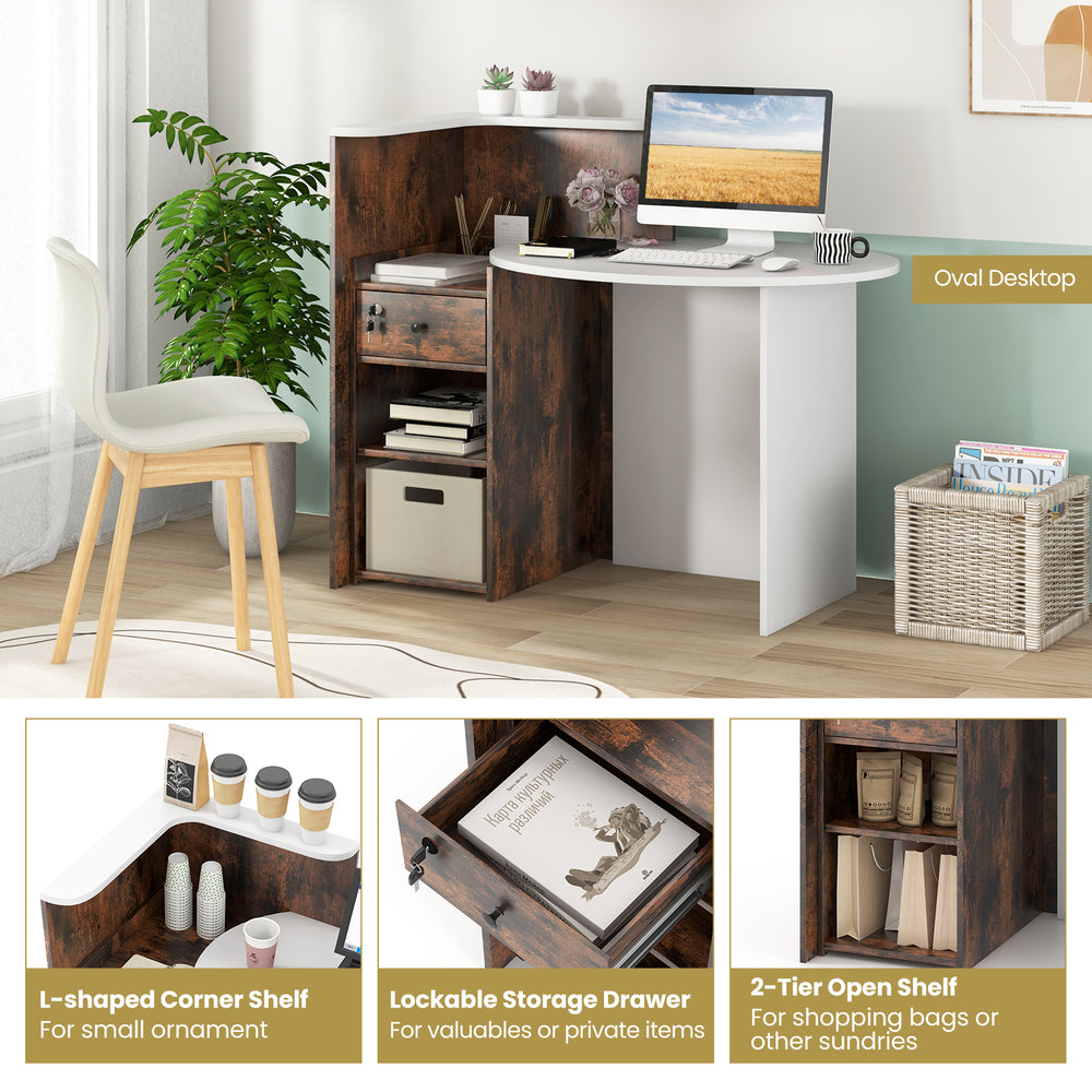 Front view of the Front Reception Office Desk in Rustic Brown, featuring an oval tabletop, lockable drawer, and open.
