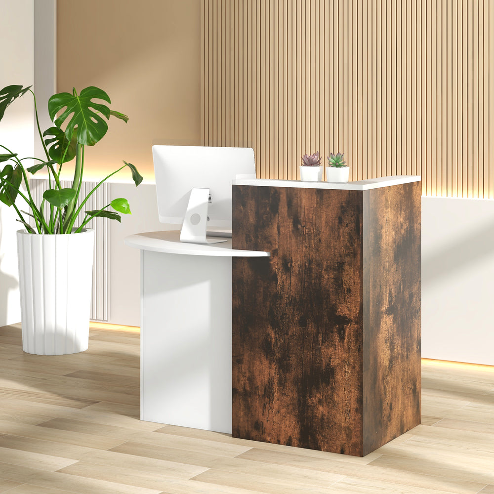 Front reception office desk in rustic brown with oval tabletop, open shelf, and lockable drawer for office use.