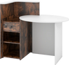 L-shaped front reception office desk in rustic brown with oval tabletop, lockable drawer, and open shelf for storage.