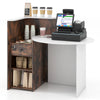 Front reception office desk in rustic brown with oval tabletop, open shelf, and lockable drawer for secure storage.