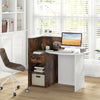L-shaped front reception office desk in rustic brown with open shelf, lockable drawer, and oval tabletop for versatile.