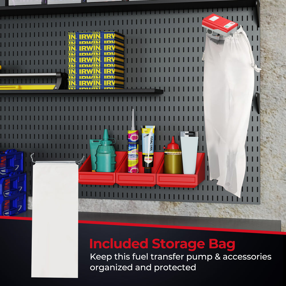 Fuel transfer pump with nozzle and accessories organized in a storage bag, ideal for convenient fuel transfer.