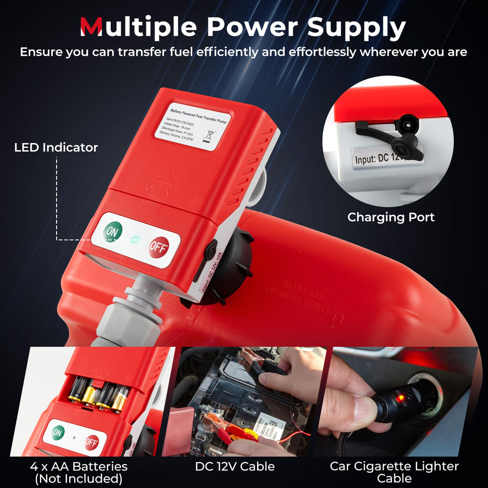 Fuel transfer pump with nozzle, featuring LED indicator and multiple power supply options for efficient fuel transfer.