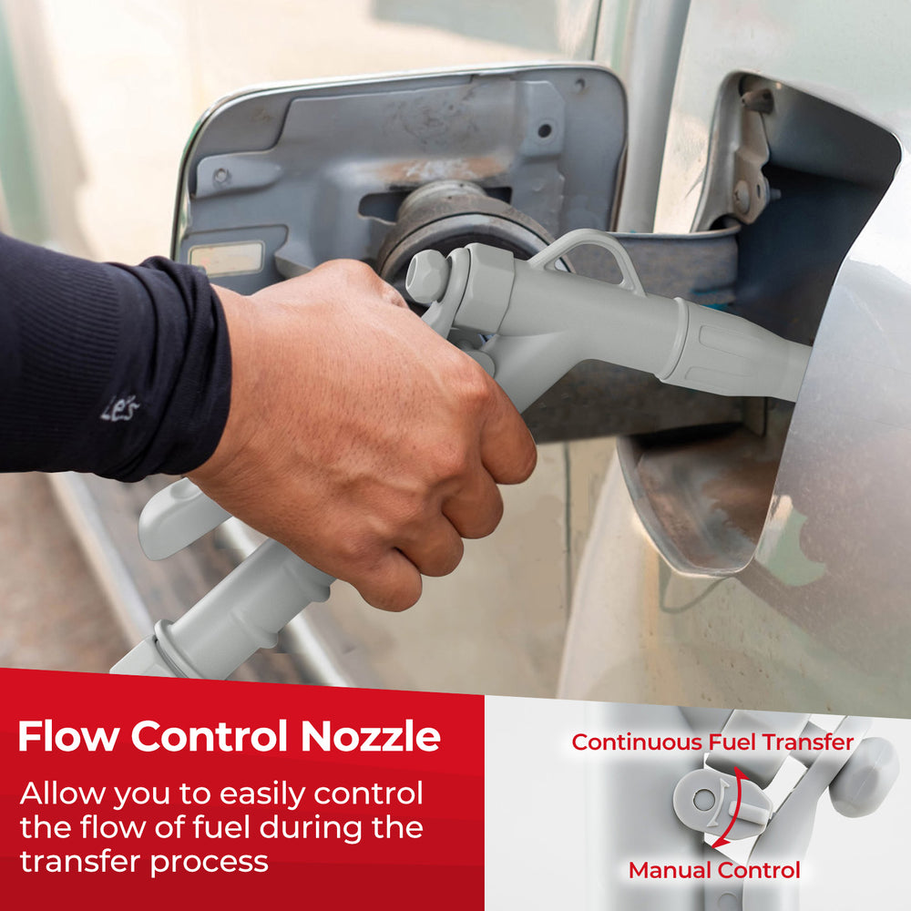 Flow control nozzle for fuel transfer pump, allowing manual or continuous flow control, ideal for various fuel types.