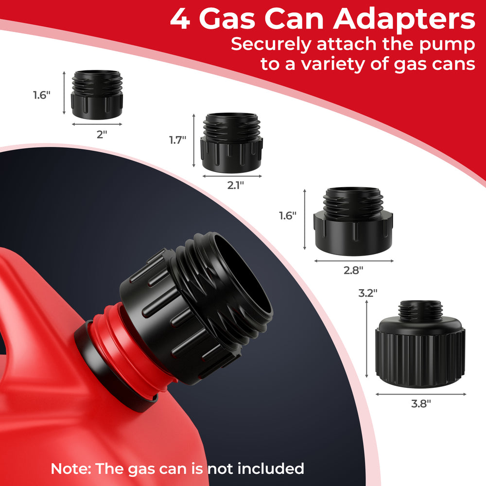 Four gas can adapters for securely attaching the fuel transfer pump to various gas cans, ensuring versatile.