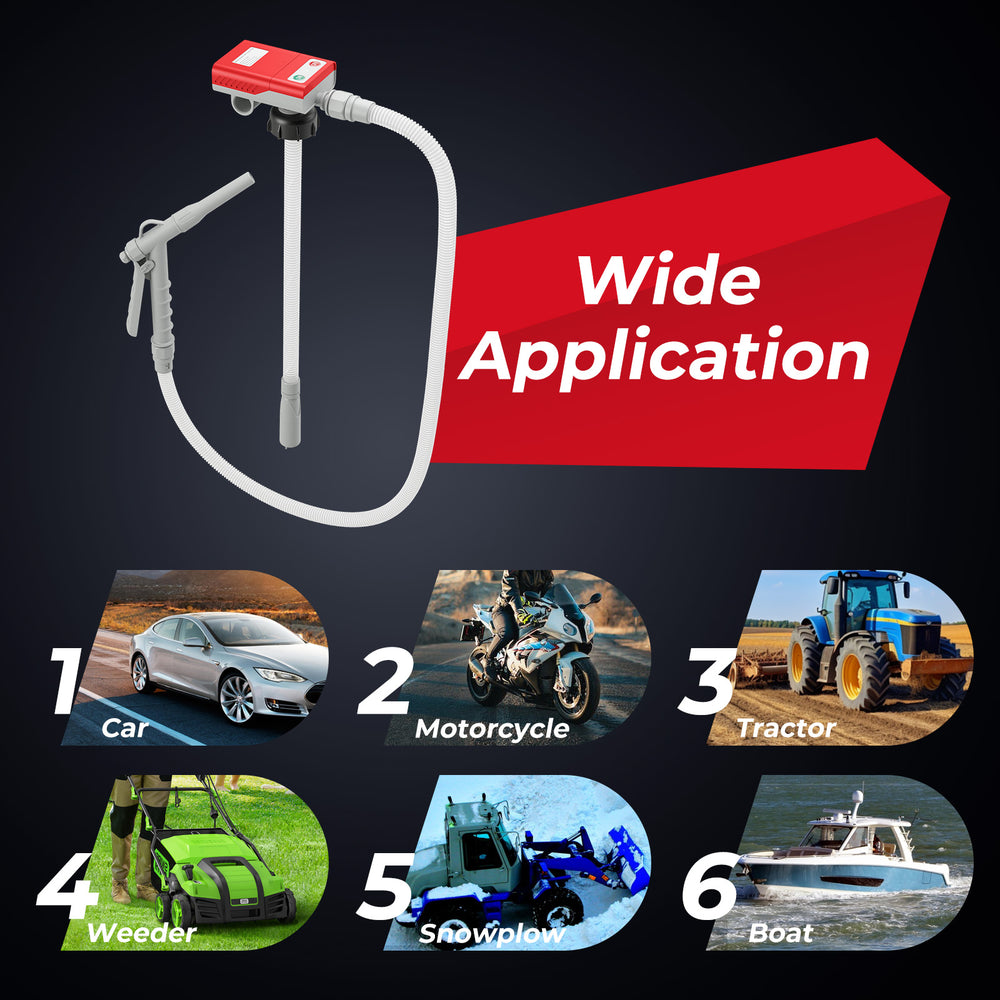 Fuel transfer pump with nozzle for flow control, compatible with car, motorcycle, tractor, and boat for versatile use.