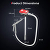 Fuel transfer pump dimensions showing a 51-inch discharge hose and flow control nozzle for easy fuel transfer.