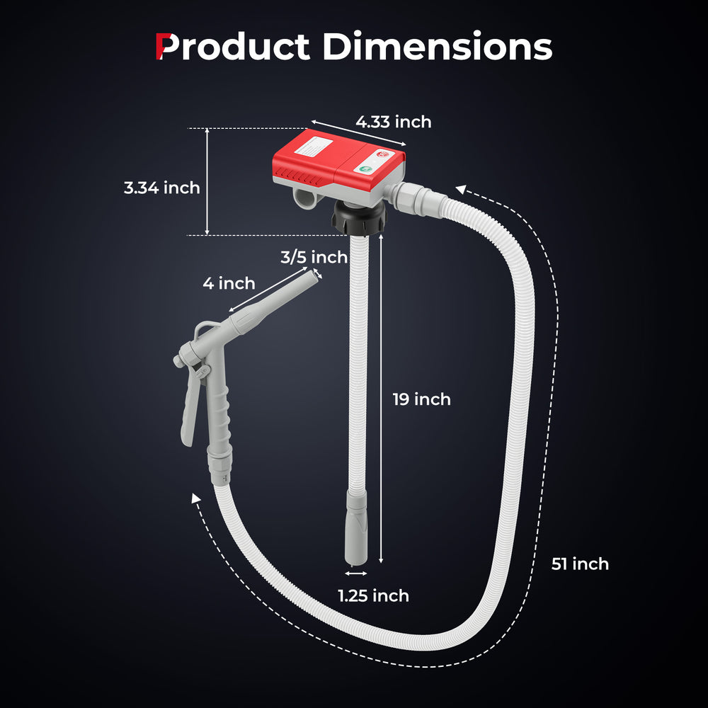 Fuel transfer pump dimensions showing a 51-inch discharge hose and flow control nozzle for easy fuel transfer.