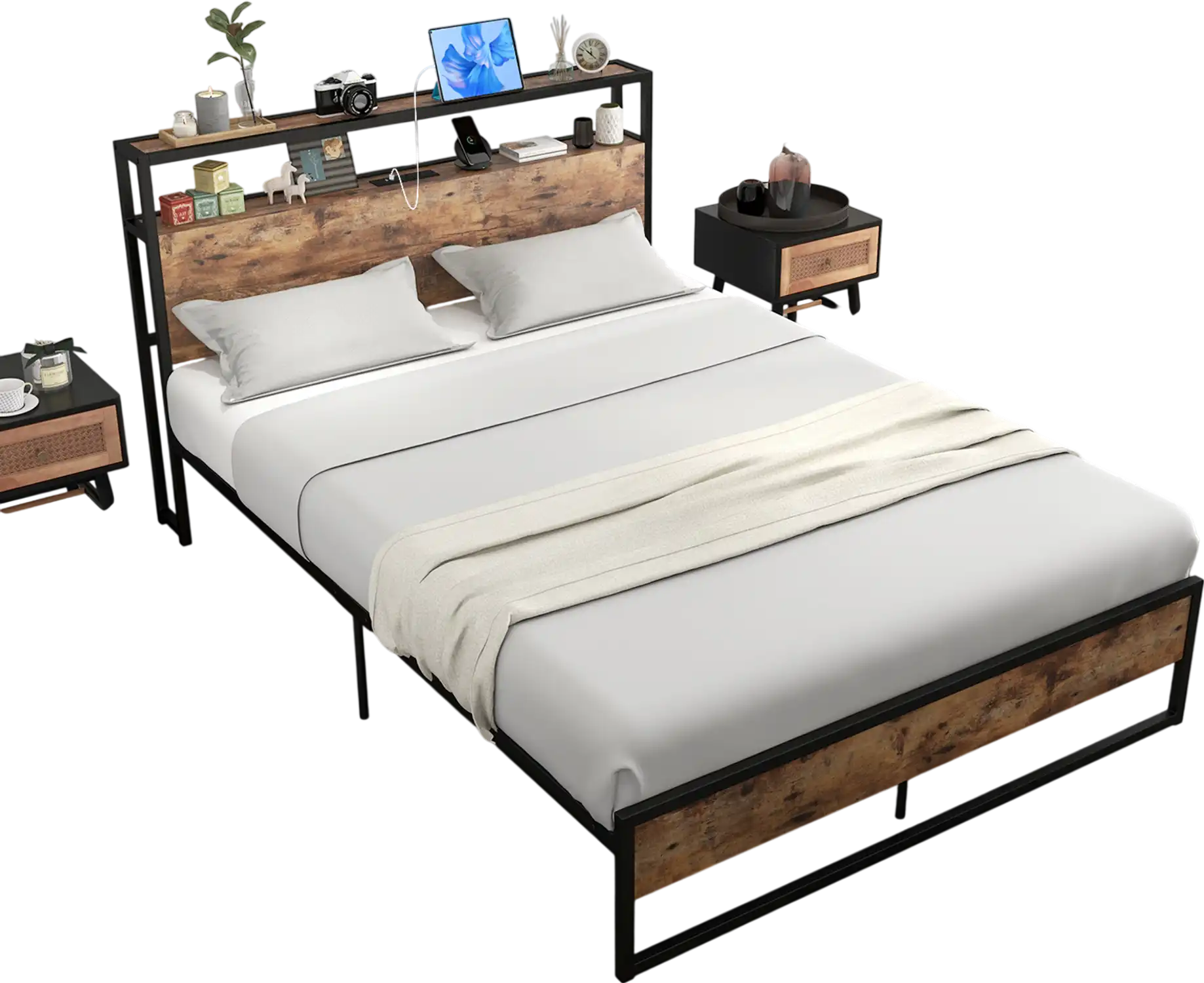 Costway Full Bed Frame 2-Tier Storage Headboard Charging Station 96317485 New
