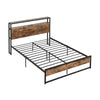 Full/Queen bed frame with industrial design, 2-tier storage headboard, and built-in charging station for convenient use.