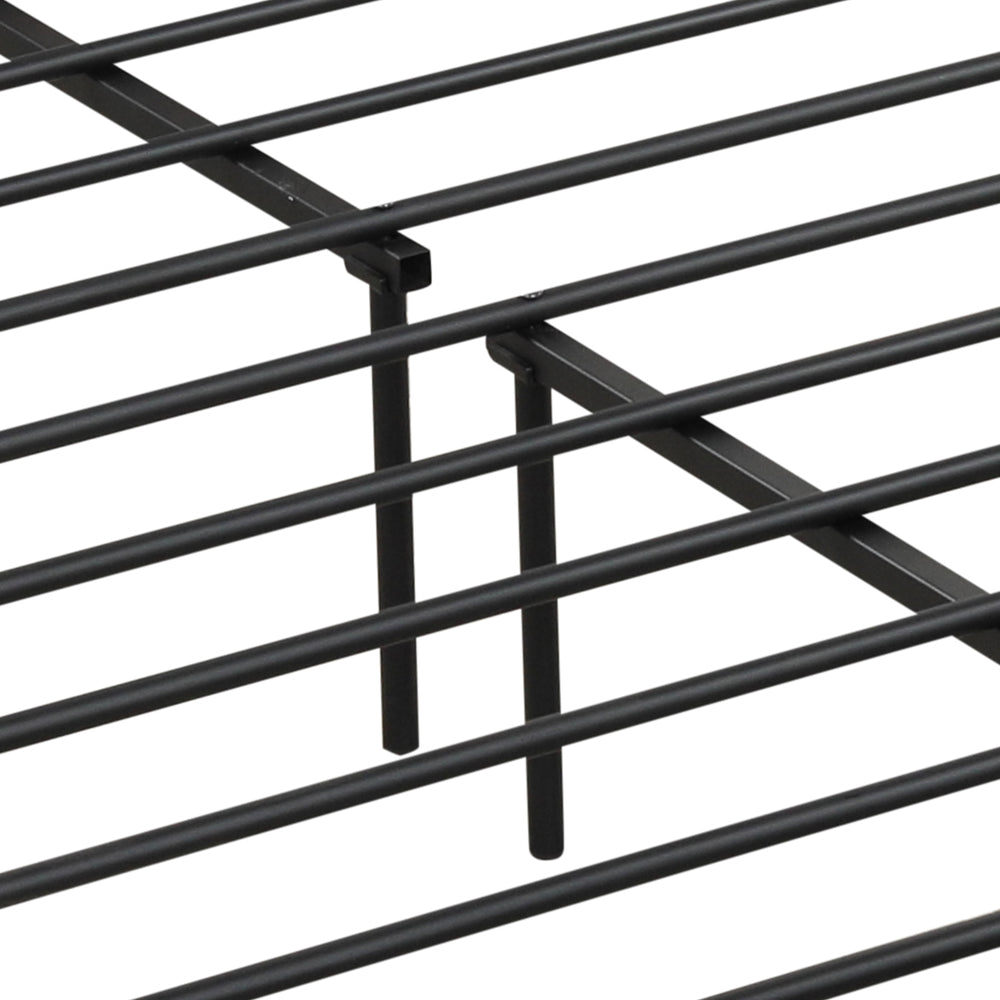 Close-up of the heavy-duty metal slats of a full/queen bed frame with 2-tier storage headboard and charging station.