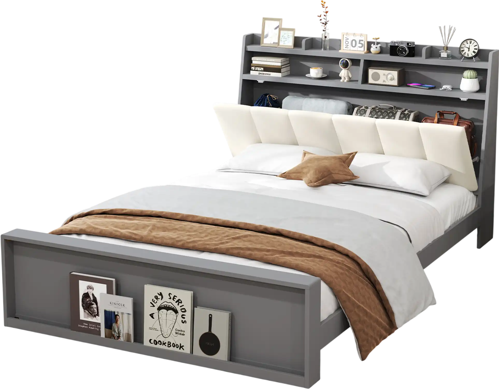 Costway Full Size Platform Bed Frame with Storage Headboard 814372965 New