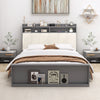 Full size bed frame with ergonomic upholstered headboard, open shelves, and hidden storage for modern bedroom decor.