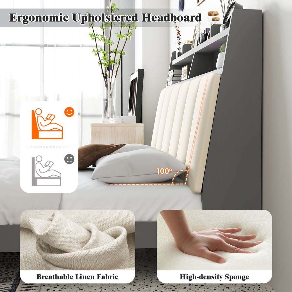 Ergonomic upholstered headboard with 100° tilt, high-density sponge padding, and open shelves for storage in a.