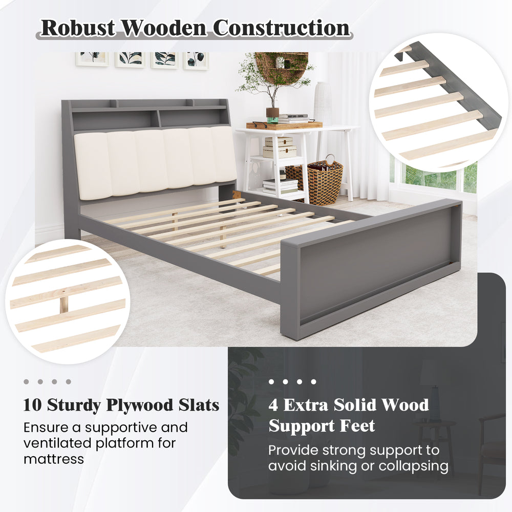 Full size bed frame with ergonomic upholstered headboard, sturdy plywood slats, and hidden storage for modern bedrooms.